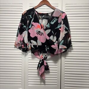 Express Bandana Floral Wrap Short Flowy Sleeves Black and Pink Size S